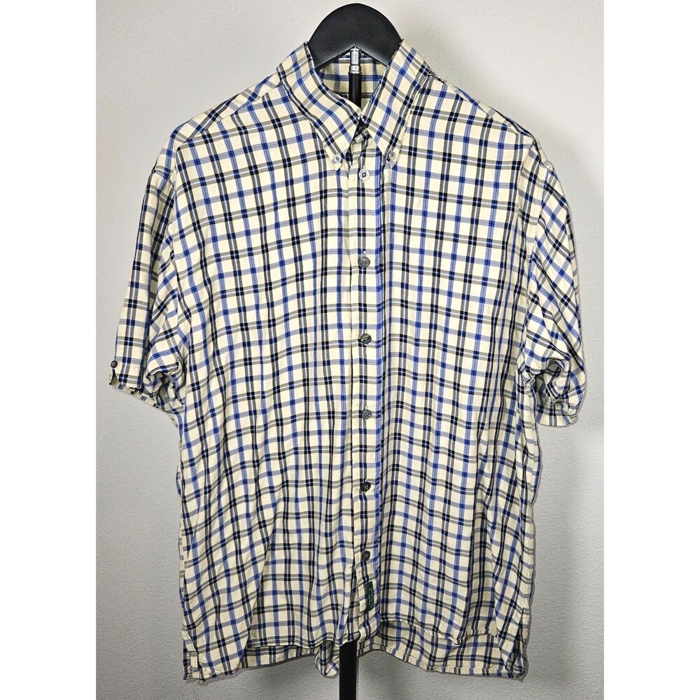 Ben Sherman Mens L Plaid Button Front Shirt Blue Tan Check‎ Short Sleeve Mod